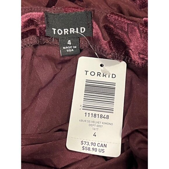 Torrid Women Velvet Kimono Cardigan Jacket Plus 4 4X Burnout Short Sleeve New - Picture 7 of 8
